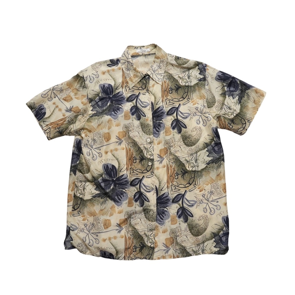 Snow Womens Large 100% Silk‎ Floral Shirt Tan Vintage Button Up Padded Shoulder